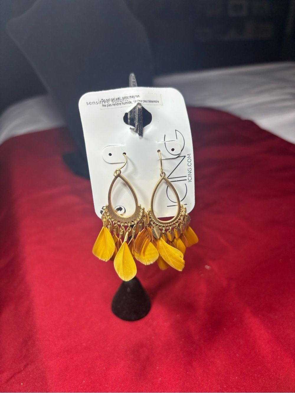 New Icing Gold Teardrop Earrings with Yellow Feather Charms